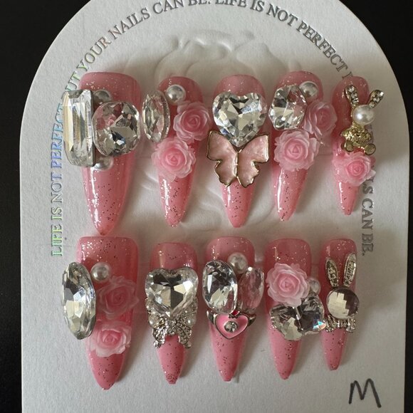 SIZE M Handmade stiletto Press On Nails - luxury design Reusable & Glue include - Picture 1 of 5